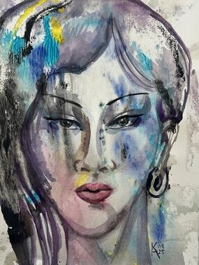 Watercolor Portrait Print - Vibrant Blue & Purple Face Art
